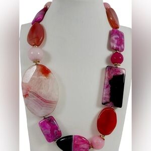 Pink Agate Beaded Statement Necklace 16"